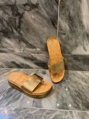 Donald J. Pliner Metallic Gold Cork Wedge Slide Sandals
